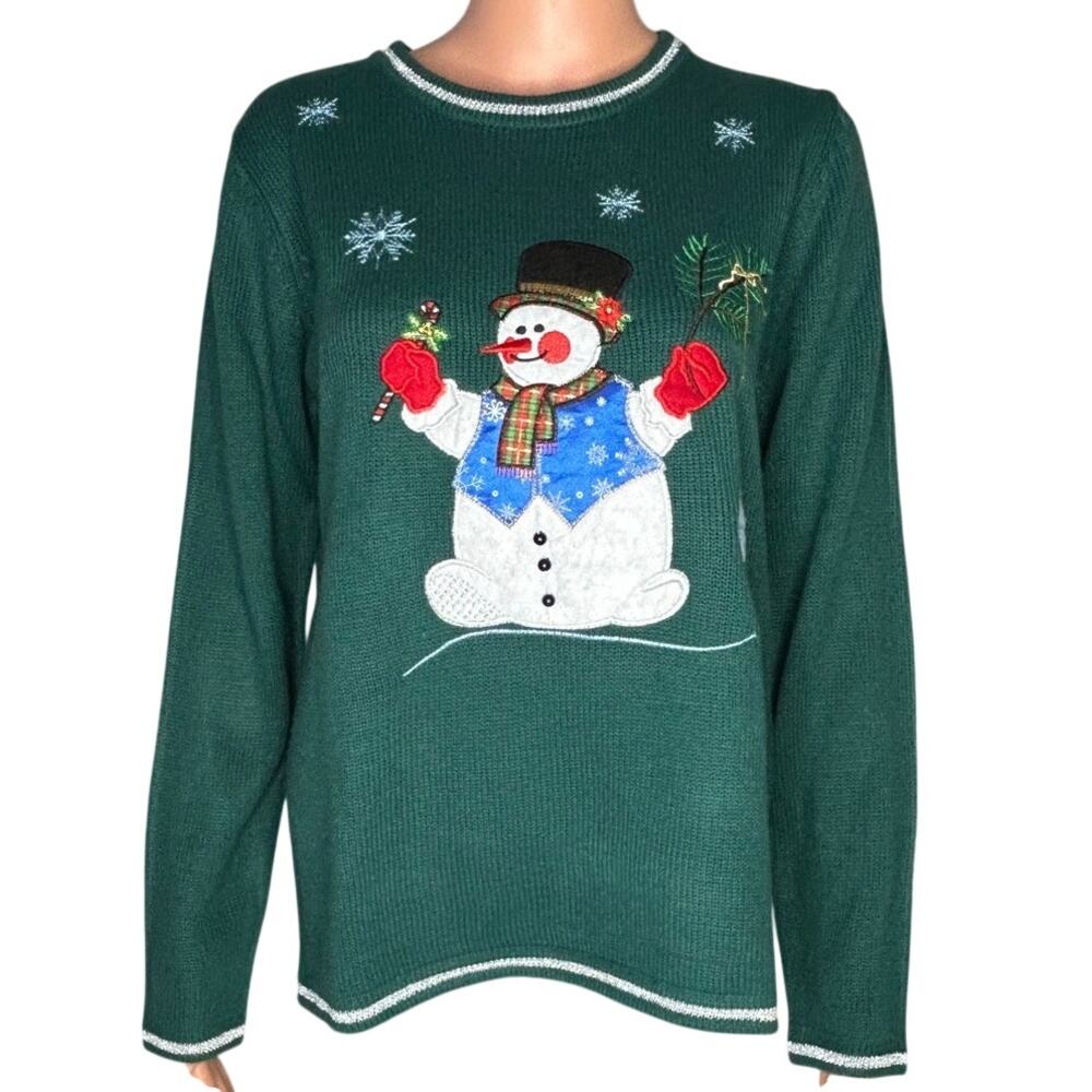 White Stag sz M 8-10 Green Knit Christmas Sweater appliqued snowman graphic
